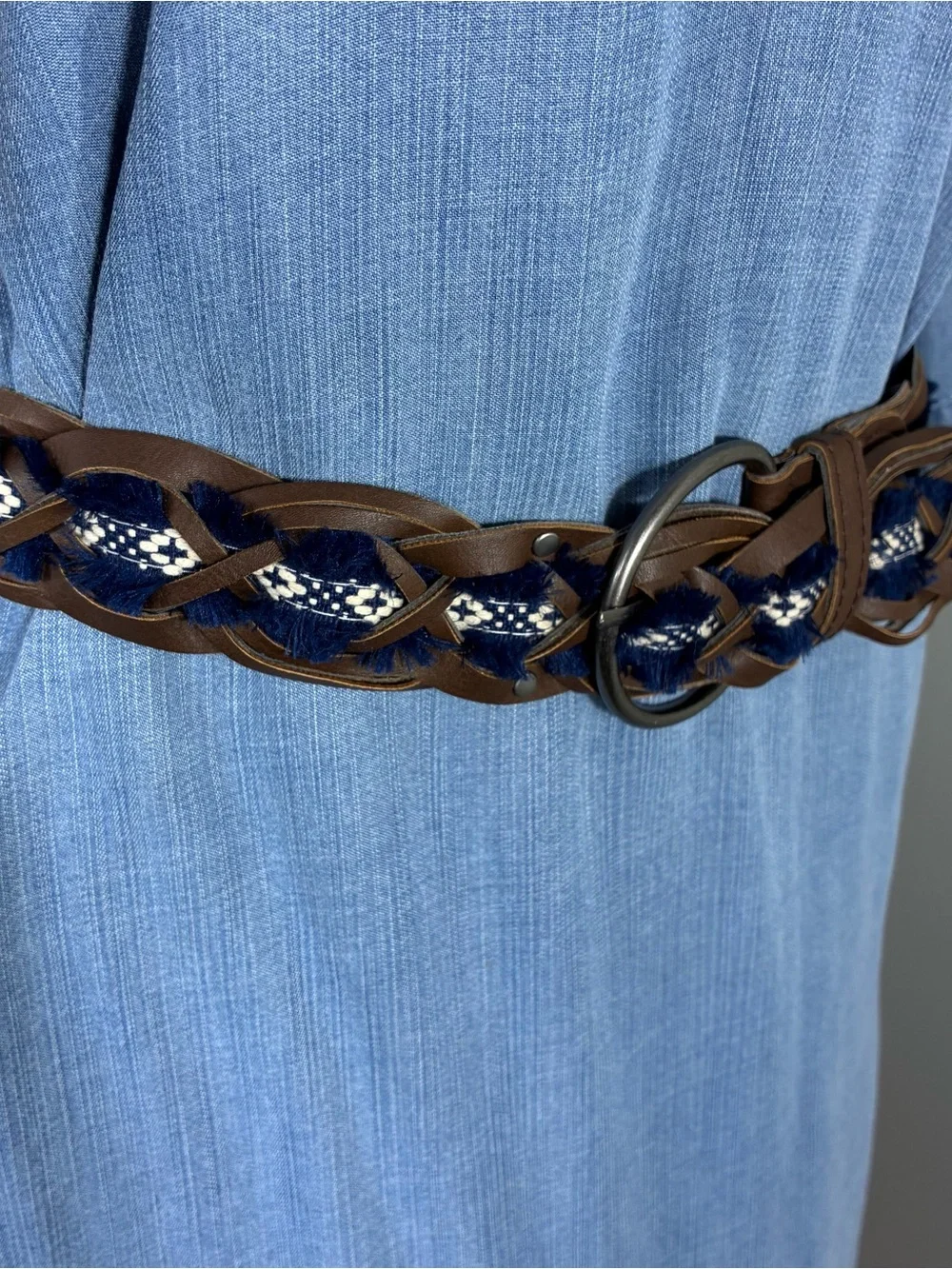 Womens belt 42” Braided Brown Faux Leather with frayed Navy Woven Detail Boho